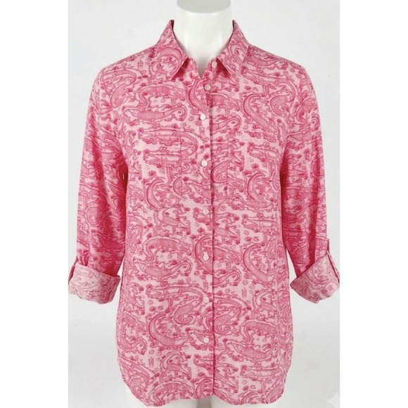 Charter Club Tops - Charter Club Luxury Linen Pink Alligator Crocodile Print Button Down Shirt M